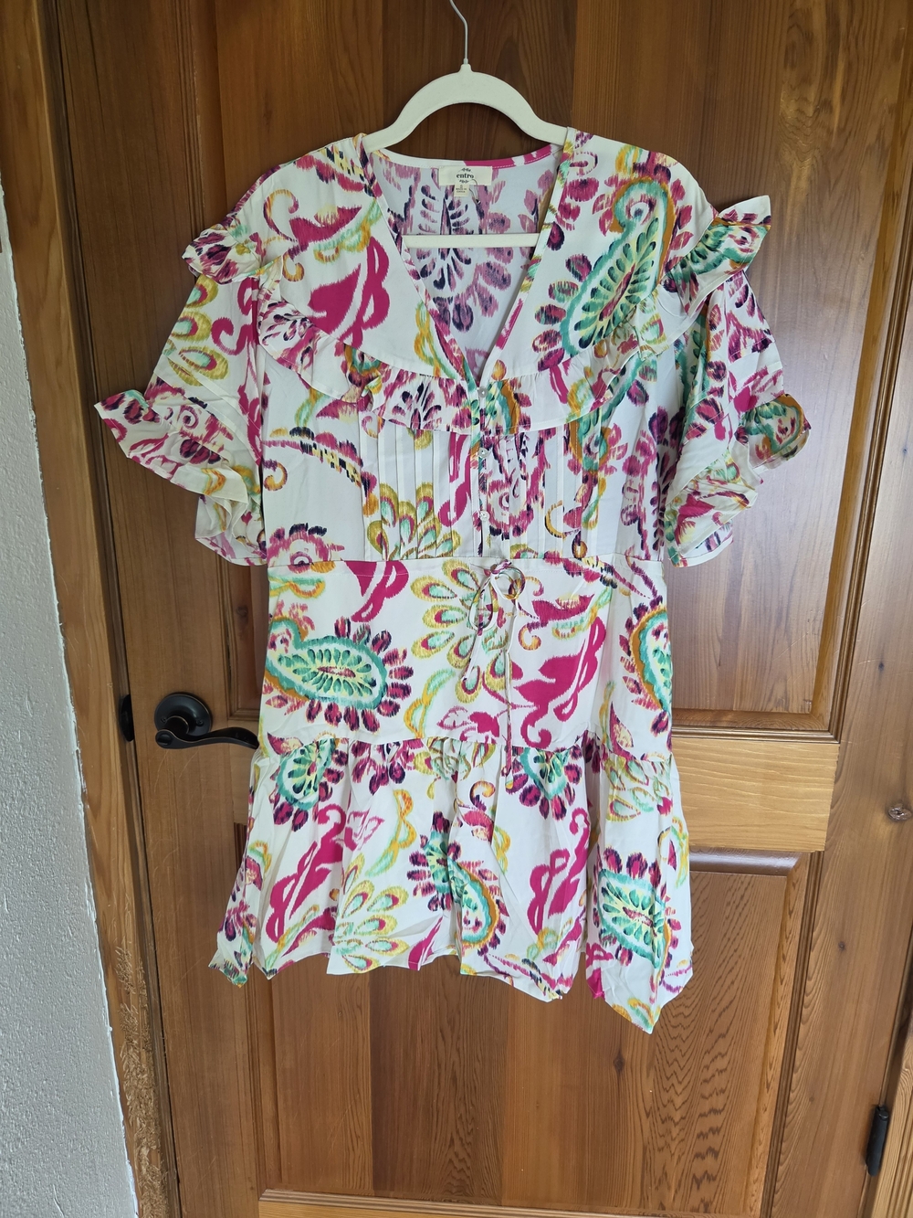 Entro, White Floral Midi Dress with Pink and Green Print, Sz. S